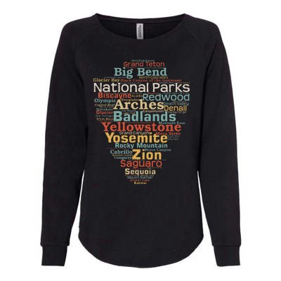 National Parks List Us Word Cloud Art Camping Hiking Womens California Wash Sweatshirt