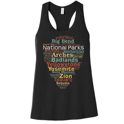 National Parks List Us Word Cloud Art Camping Hiking Women's Racerback Tank