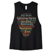 National Parks List Us Word Cloud Art Camping Hiking Women's Racerback Cropped Tank