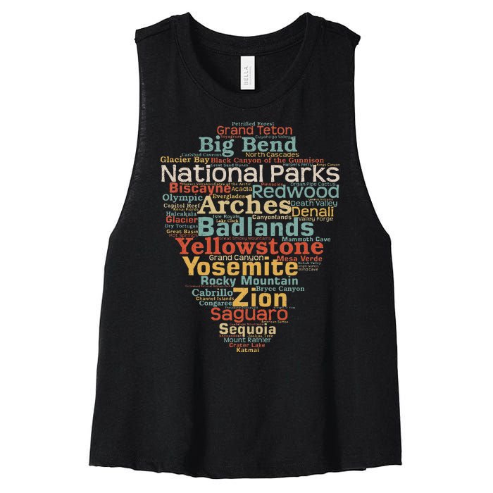 National Parks List Us Word Cloud Art Camping Hiking Women's Racerback Cropped Tank