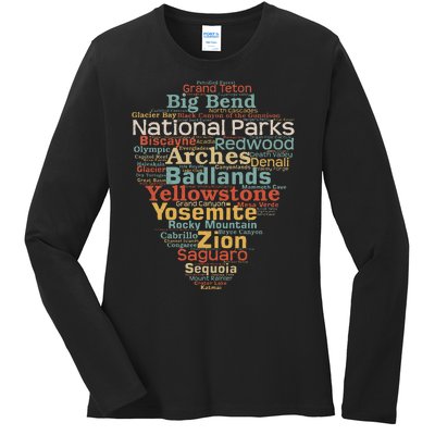 National Parks List Us Word Cloud Art Camping Hiking Ladies Long Sleeve Shirt