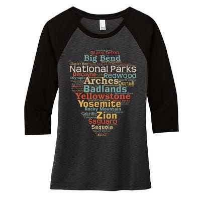 National Parks List Us Word Cloud Art Camping Hiking Women's Tri-Blend 3/4-Sleeve Raglan Shirt