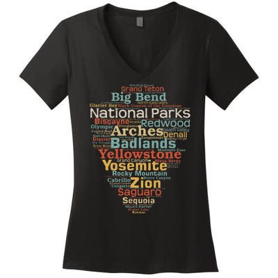 National Parks List Us Word Cloud Art Camping Hiking Women's V-Neck T-Shirt