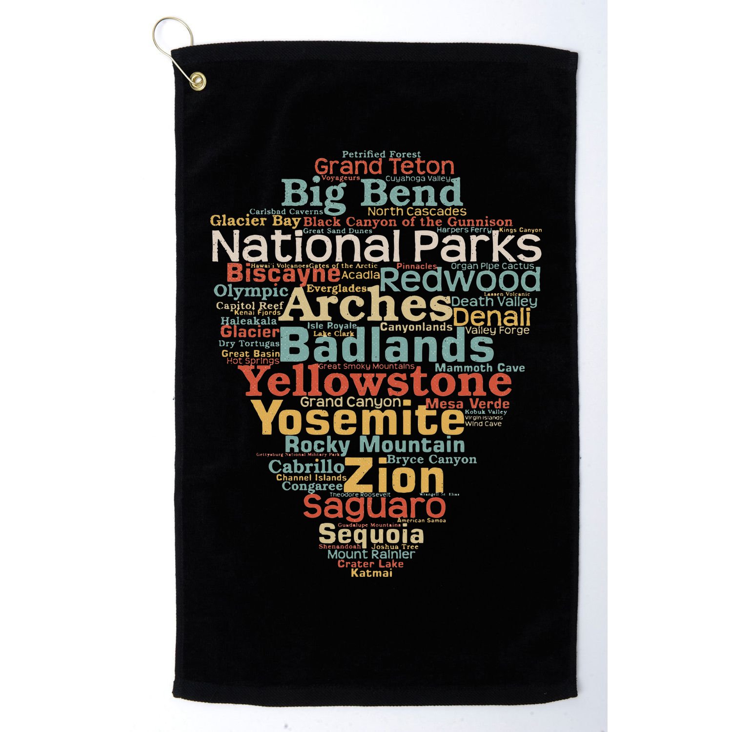 National Parks List Word Cloud Camping Hiking Golf Towel