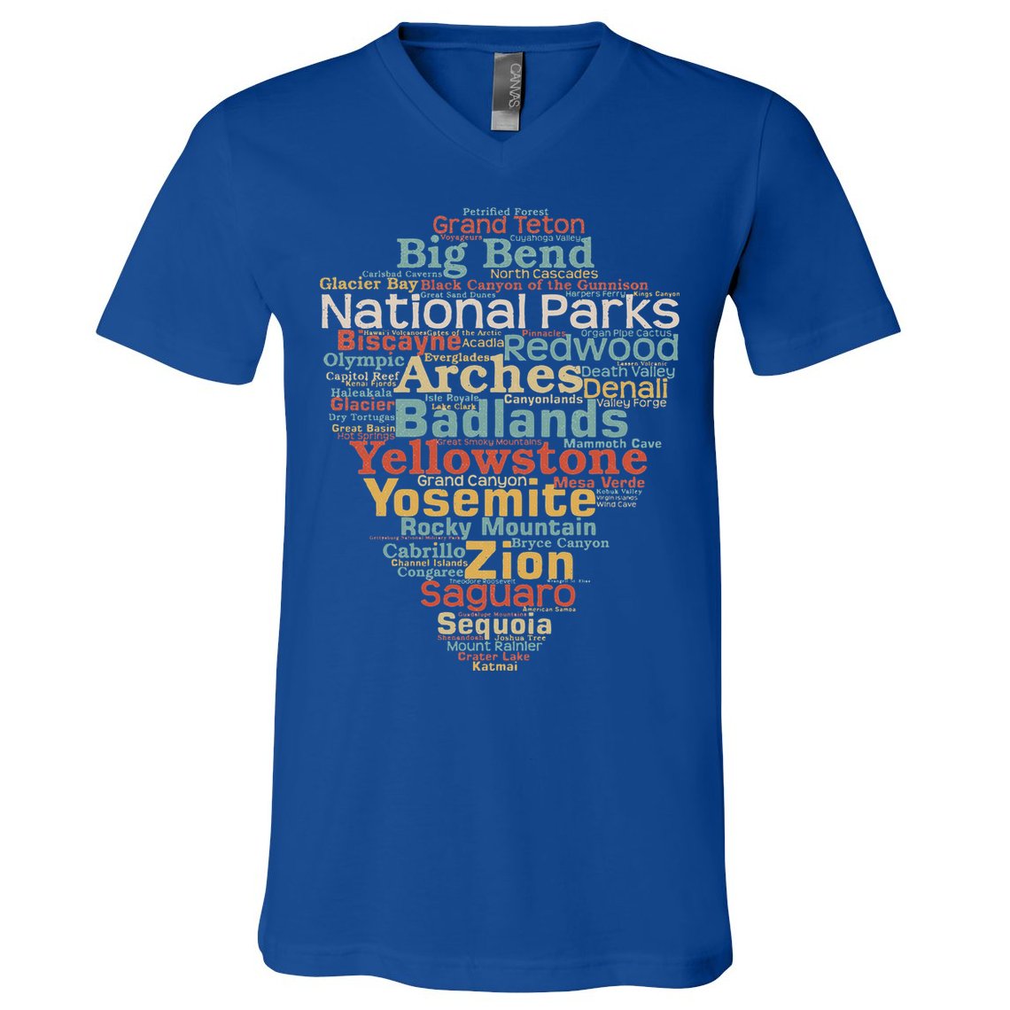 National Parks List Word Cloud Camping Hiking V-Neck T-Shirt