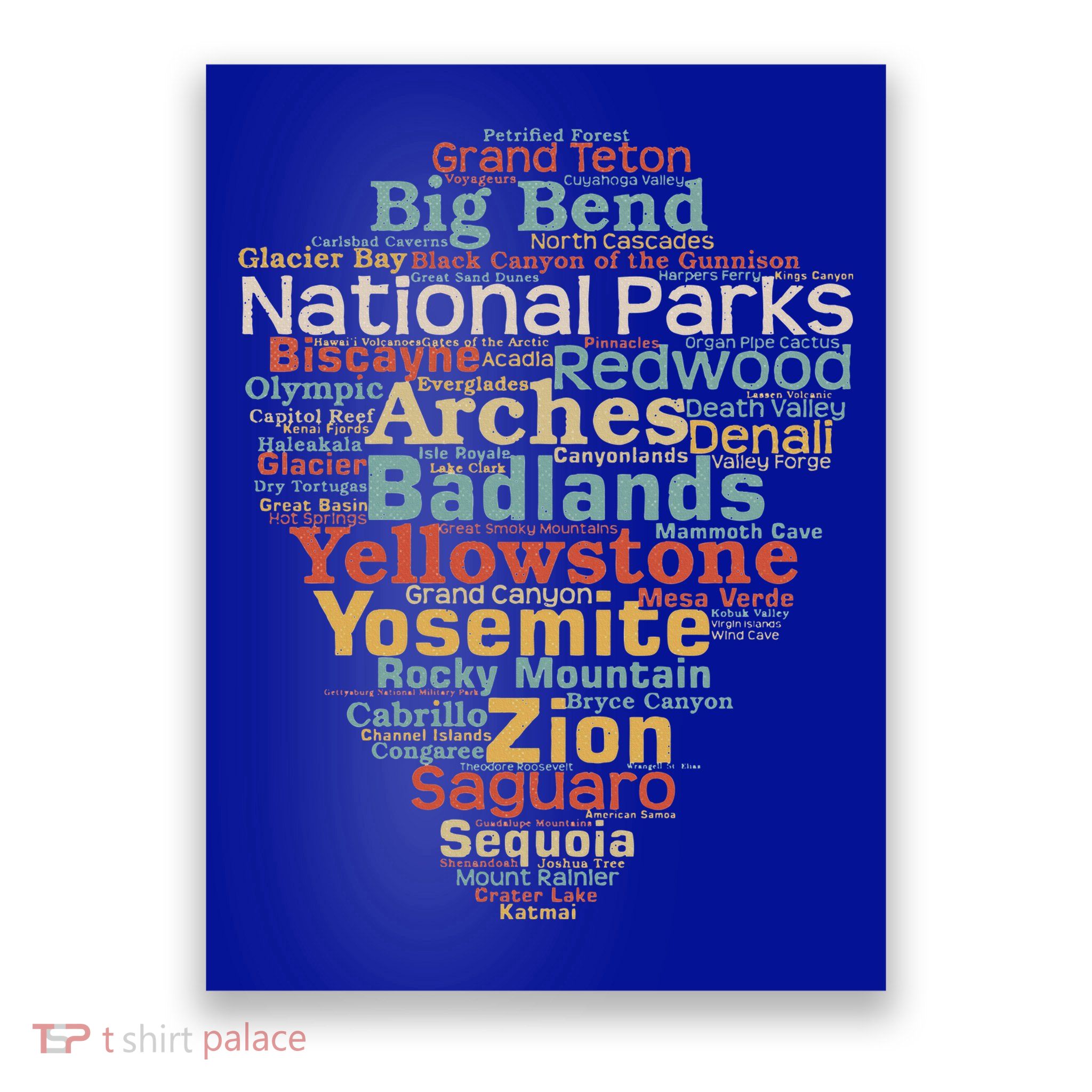 National Parks List Word Cloud Camping Hiking Poster