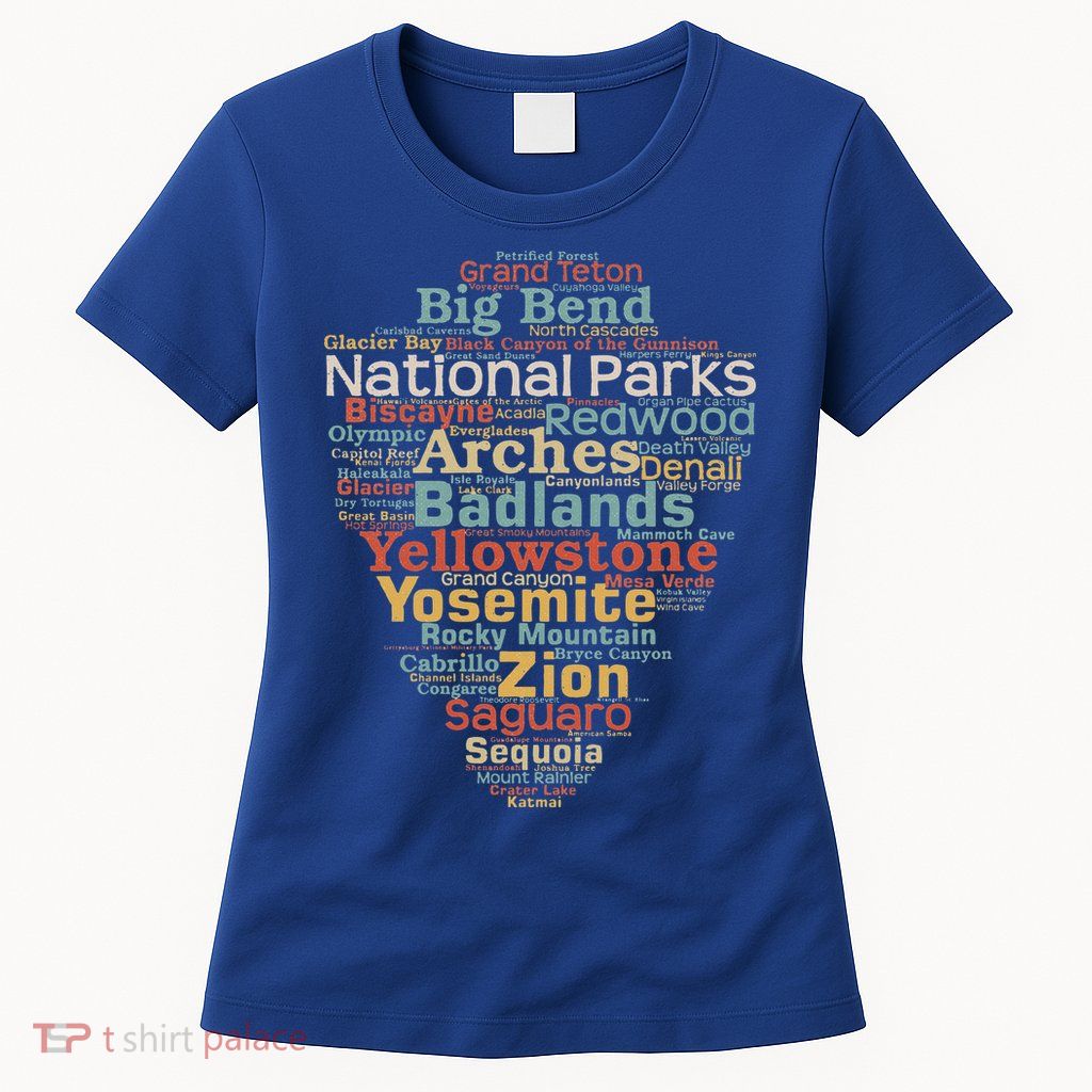 National Parks List Word Cloud Camping Hiking Womens T-Shirt