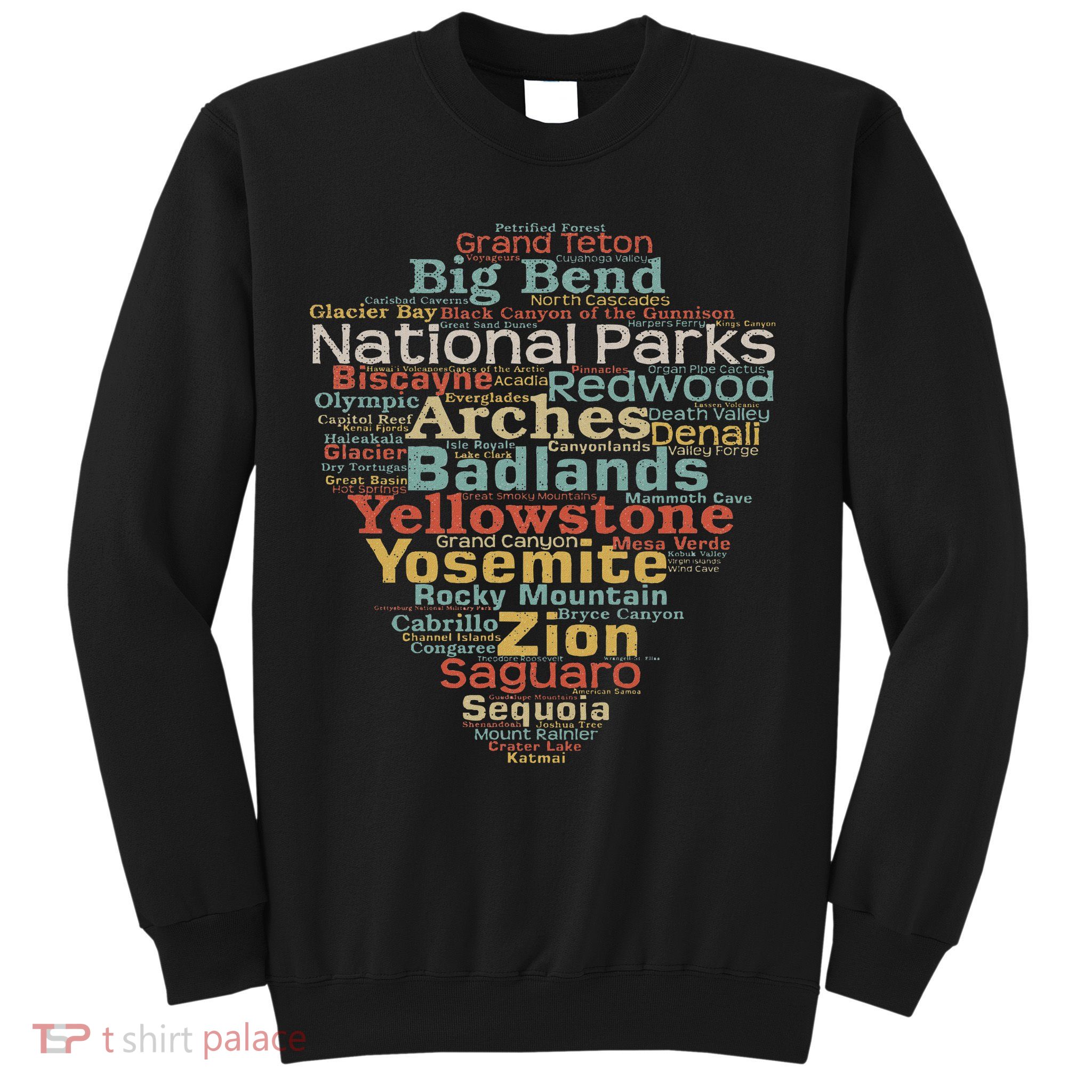 National Parks List Word Cloud Camping Hiking Women Sweatshirt