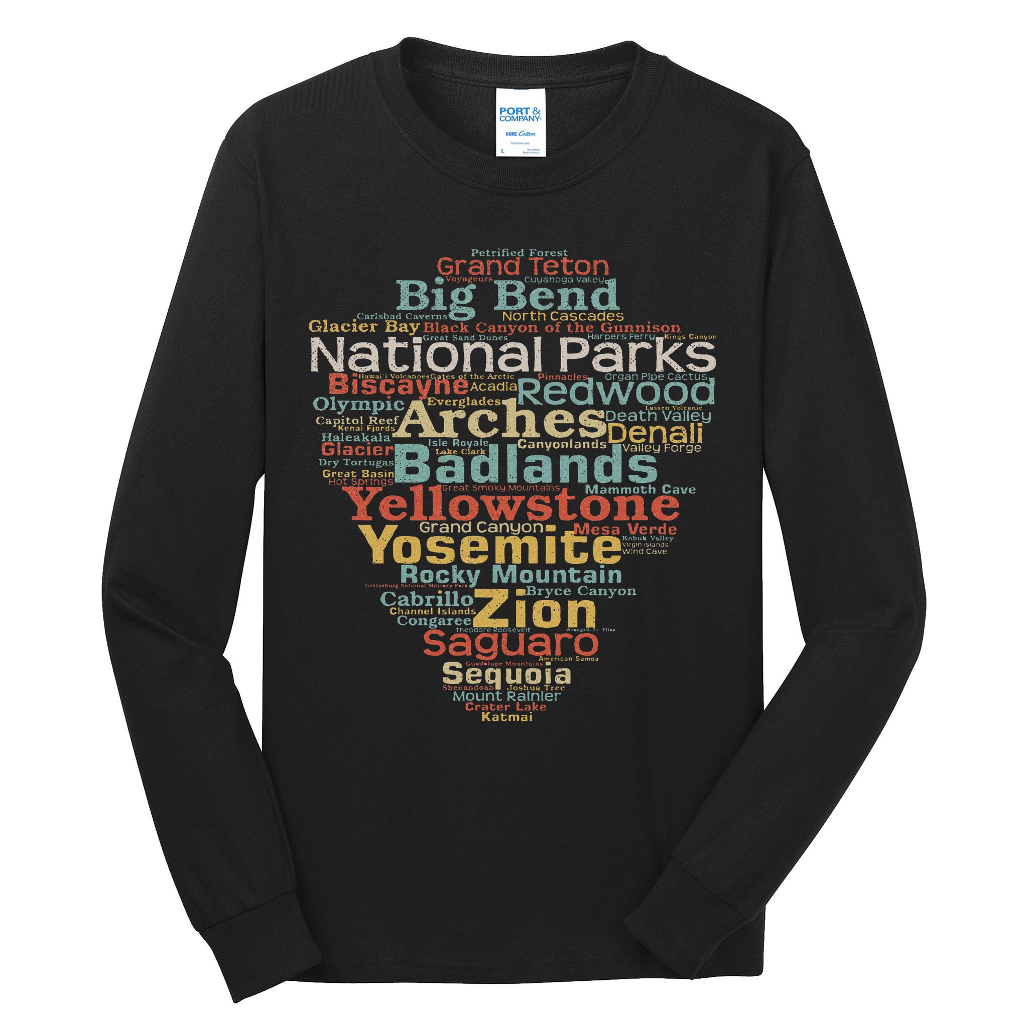 National Parks List Word Cloud Camping Hiking Women Tall Long Sleeve T-Shirt