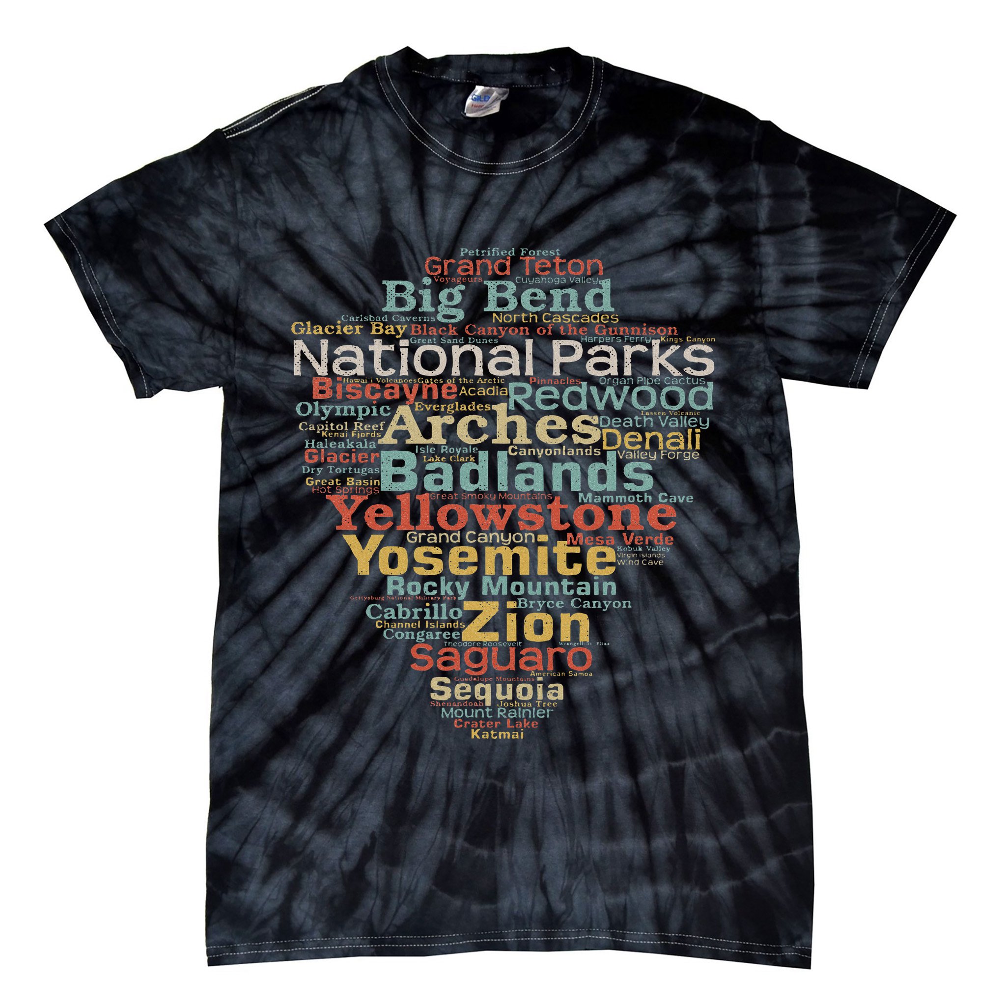 National Parks List Word Cloud Camping Hiking Women Tie-Dye T-Shirt