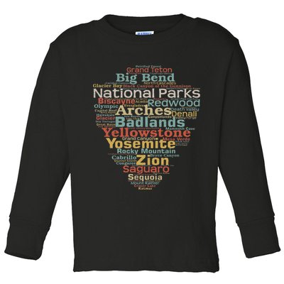 National Parks List Word Cloud Camping Hiking Women Toddler Long Sleeve Shirt