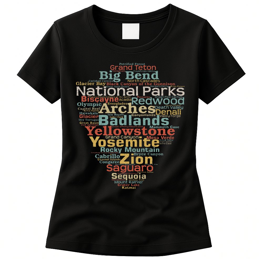National Parks List Word Cloud Camping Hiking Women Womens T-Shirt