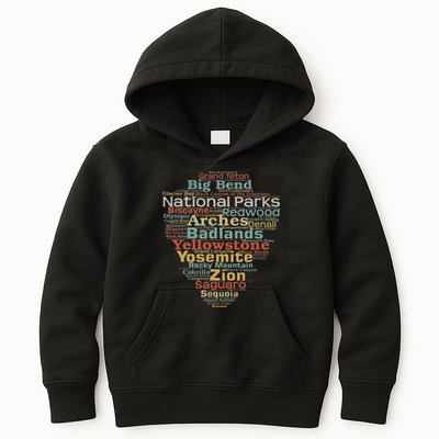 National Parks List Word Cloud Camping Hiking Women Kids Hoodie