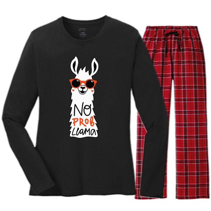 No Prob Llama Funny Quote Llamas Alpacas Lover Gift Women's Long Sleeve Flannel Pajama Set 