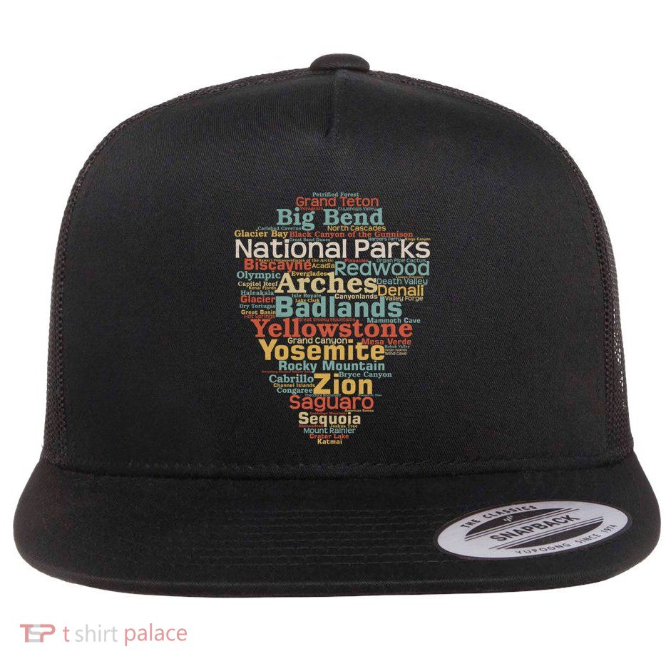 National Parks List Word Cloud Camping Hiking Funny Gift Flat Bill Trucker Hat