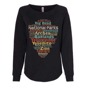 National Parks List Word Cloud Camping Hiking Funny Gift Womens California Wash Sweatshirt