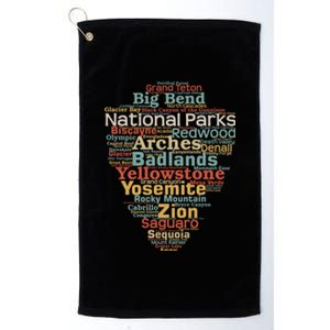 National Parks List Word Cloud Camping Hiking Funny Gift Platinum Collection Golf Towel