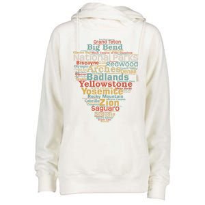 National Parks List Word Cloud Camping Hiking Funny Gift Womens Funnel Neck Pullover Hood