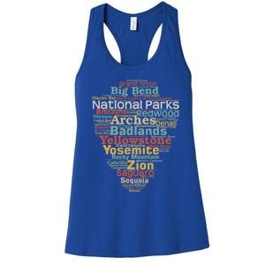 National Parks List Word Cloud Camping Hiking Funny Gift Women's Racerback Tank