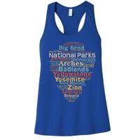 National Parks List Word Cloud Camping Hiking Funny Gift Women's Racerback Tank