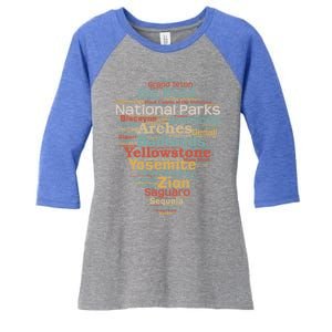 National Parks List Word Cloud Camping Hiking Funny Gift Women's Tri-Blend 3/4-Sleeve Raglan Shirt