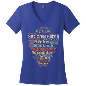 National Parks List Word Cloud Camping Hiking Funny Gift Women's V-Neck T-Shirt