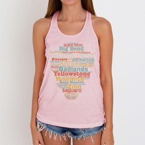 National Parks List Word Cloud Camping Hiking Funny Gift Women's Knotted Racerback Tank