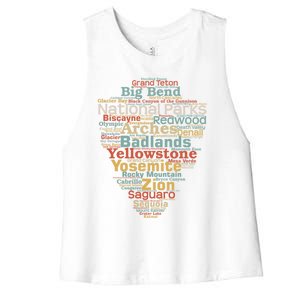 National Parks List Word Cloud Camping Hiking Funny Gift Women's Racerback Cropped Tank