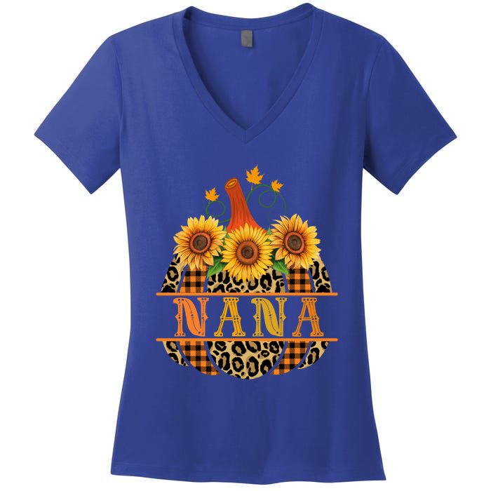 Nana Pumpkin Leopard Print Sunflower Buffalo Plaid Grandma Gift Women's V-Neck T-Shirt