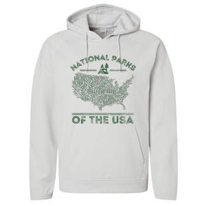 National Parks Map Hiking Travel Camping Outdoors Retro Usa Performance Fleece Hoodie