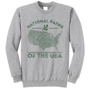 National Parks Map Hiking Travel Camping Outdoors Retro Usa Tall Sweatshirt