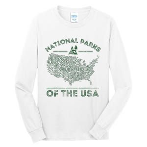 National Parks Map Hiking Travel Camping Outdoors Retro Usa Tall Long Sleeve T-Shirt