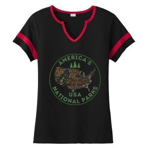 National Parks Map Hiking Travel Camping Outdoors Retro Usa Ladies Halftime Notch Neck Tee