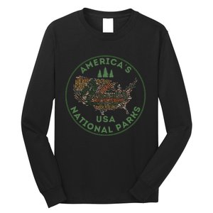 National Parks Map Hiking Travel Camping Outdoors Retro Usa Long Sleeve Shirt