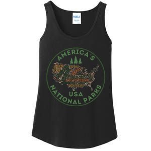 National Parks Map Hiking Travel Camping Outdoors Retro Usa Ladies Essential Tank