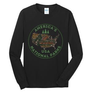 National Parks Map Hiking Travel Camping Outdoors Retro Usa Tall Long Sleeve T-Shirt