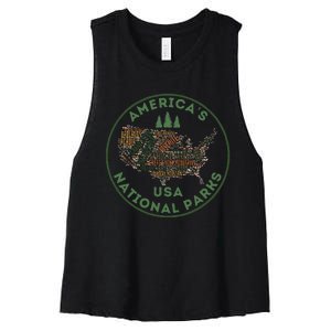 National Parks Map Hiking Travel Camping Outdoors Retro Usa Women's Racerback Cropped Tank