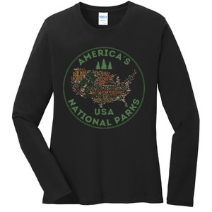 National Parks Map Hiking Travel Camping Outdoors Retro Usa Ladies Long Sleeve Shirt