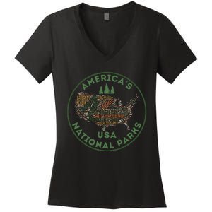 National Parks Map Hiking Travel Camping Outdoors Retro Usa Women's V-Neck T-Shirt