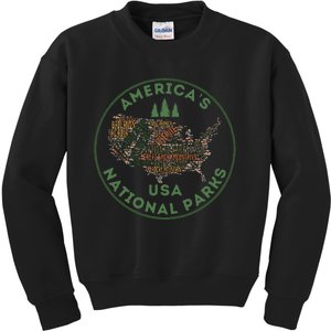 National Parks Map Hiking Travel Camping Outdoors Retro Usa Kids Sweatshirt