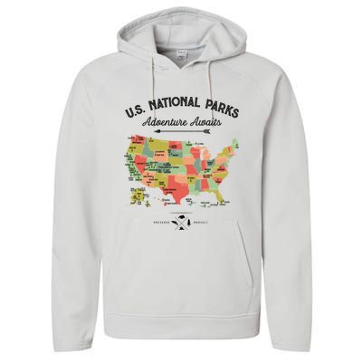 National Park Map Vintage Shirts All 59 National Parks Performance Fleece Hoodie