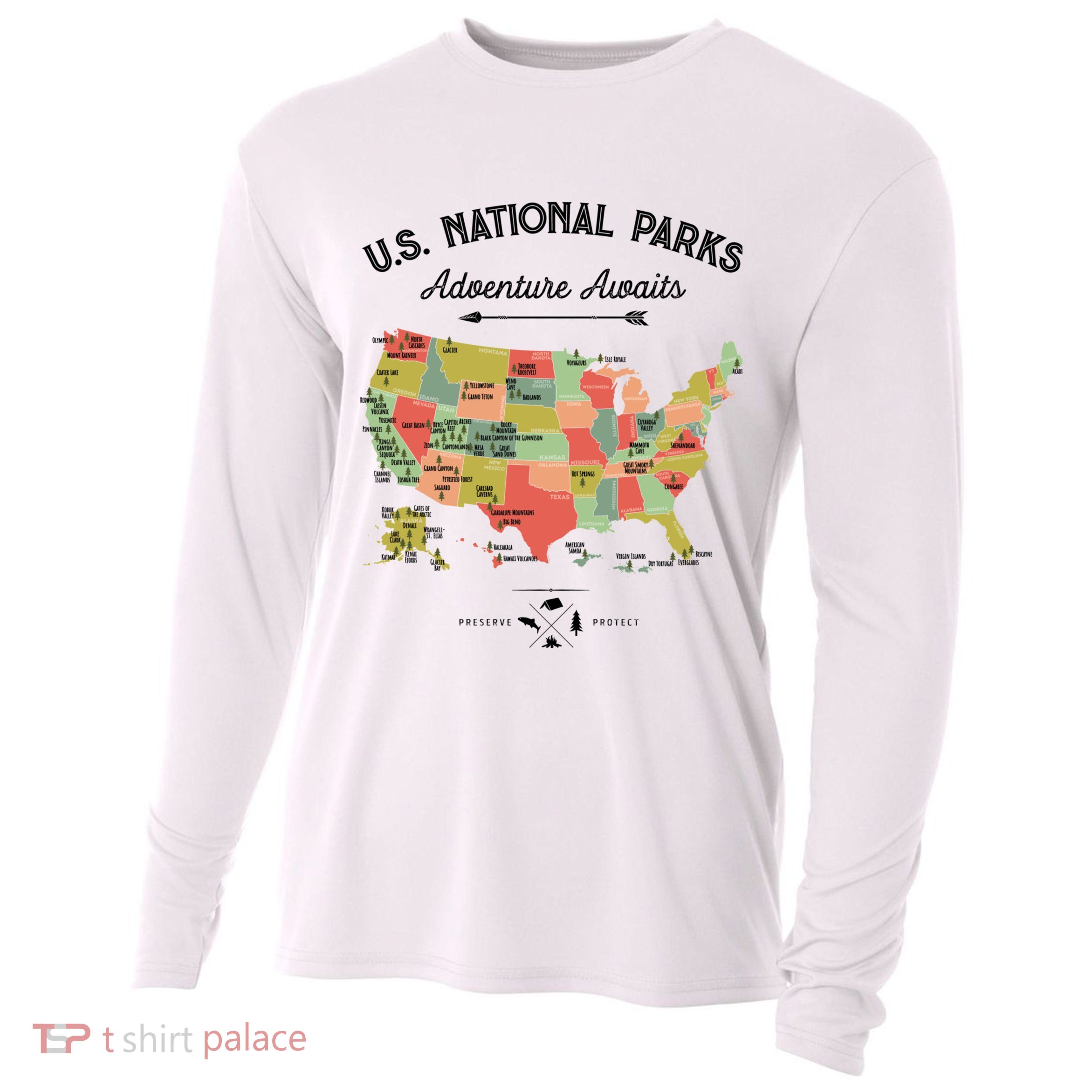 National Park Map Vintage Shirts All 59 National Parks Cooling Performance Long Sleeve Crew