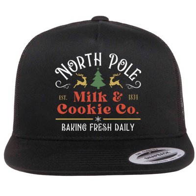 North Pole Milk And Cookie Co Vintage Christmas Company Flat Bill Trucker Hat