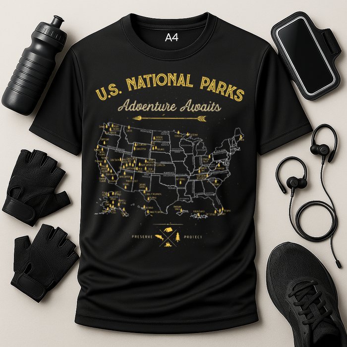 National Parks Map Camping Hiking Cooling Performance Crew T-Shirt