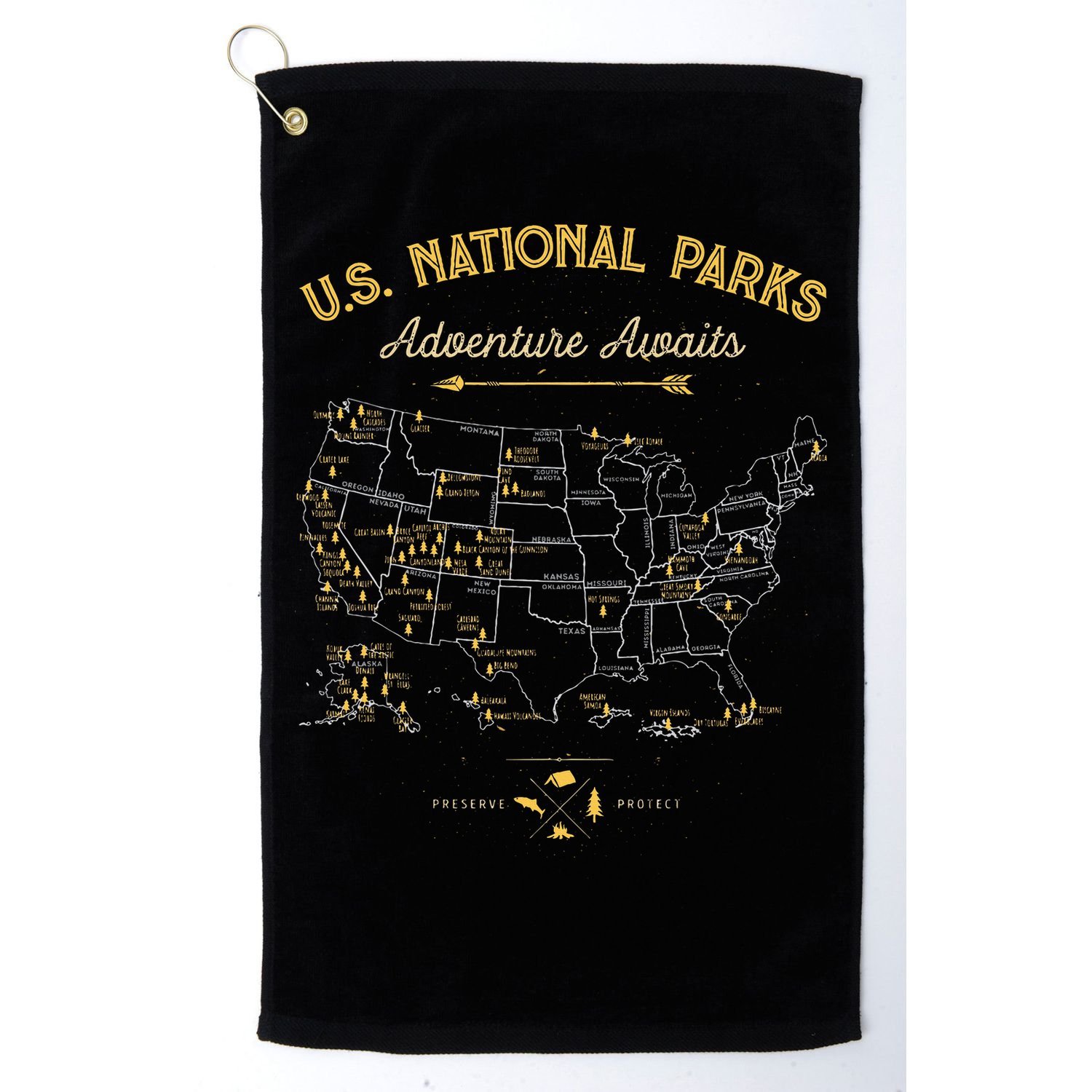 National Parks Map Camping Hiking Golf Towel