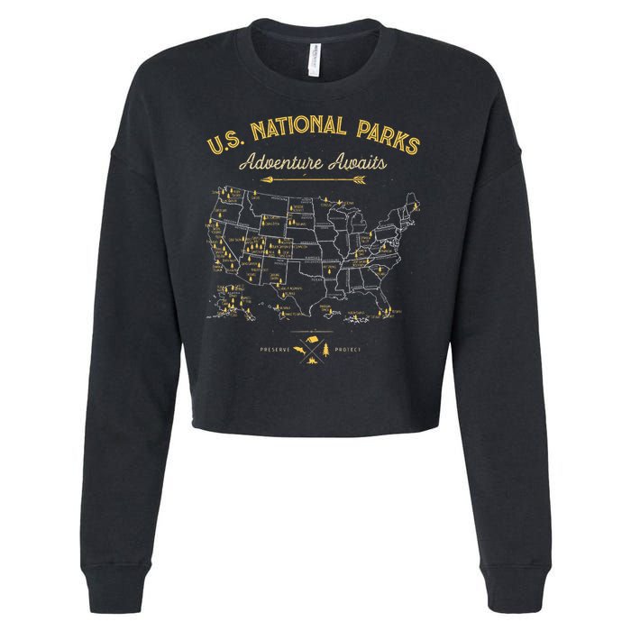 National Parks Map Camping Hiking Cropped Pullover Crew