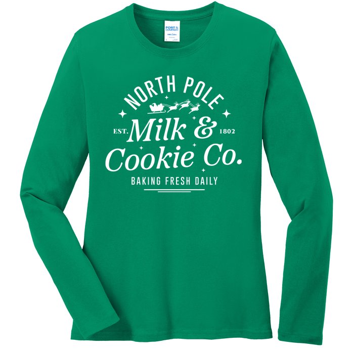 North Pole Milk And Cookie Co Christmasbaking Fresh Daily For Christmas Ladies Long Sleeve Shirt