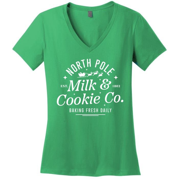 North Pole Milk And Cookie Co Christmasbaking Fresh Daily For Christmas Women's V-Neck T-Shirt