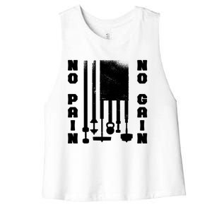 No Pain No Gain Workout American Flag Weight Lifting Usa Meaningful Gift Women's Racerback Cropped Tank