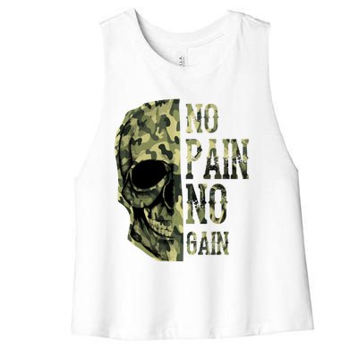 No Pain No Gaingift Skull Mindset Motivation Gym Gift Women's Racerback Cropped Tank